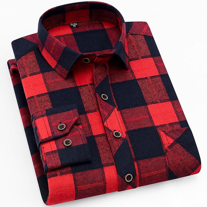 Men's Red Black Check Flannel Shirt - Long Sleeve Casual Button-Up Red