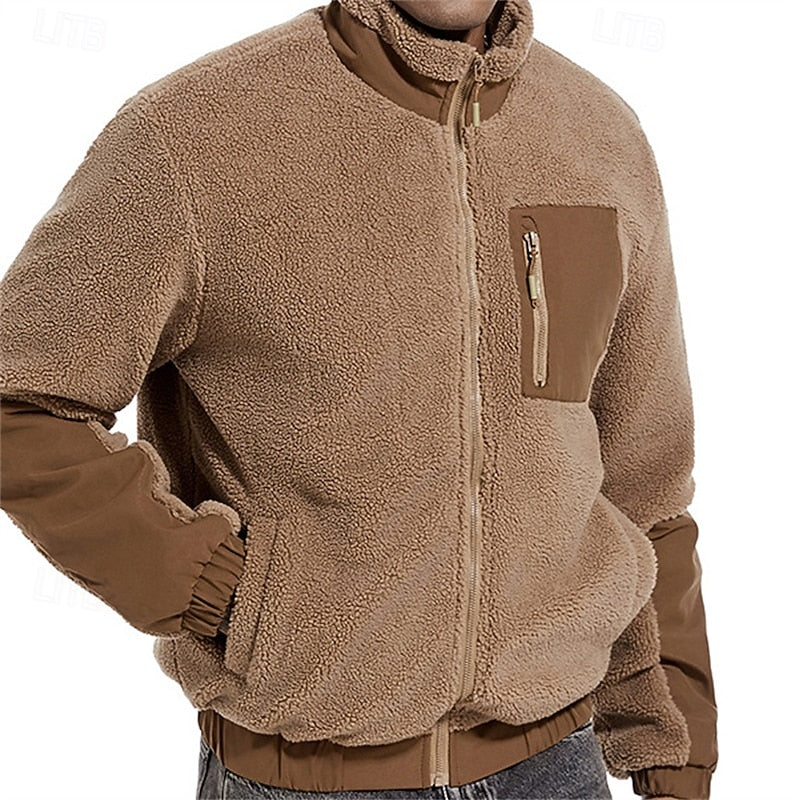 Men's Fleece Full-Zip Sherpa Jacket with Zip Pocket – Casual Warmth
