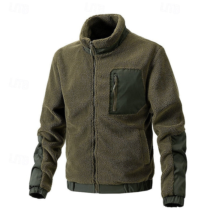 Men's Fleece Full-Zip Sherpa Jacket with Zip Pocket – Casual Warmth Coffee