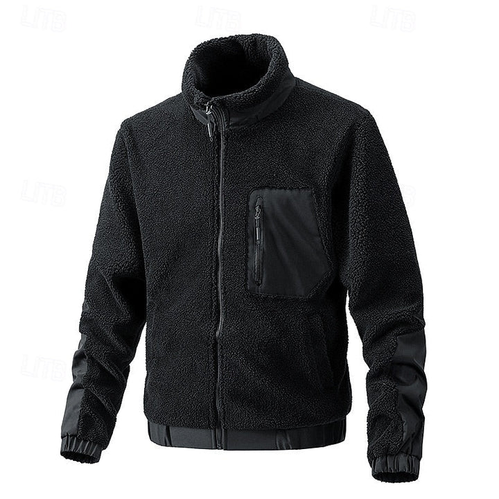 Men's Fleece Full-Zip Sherpa Jacket with Zip Pocket – Casual Warmth Black