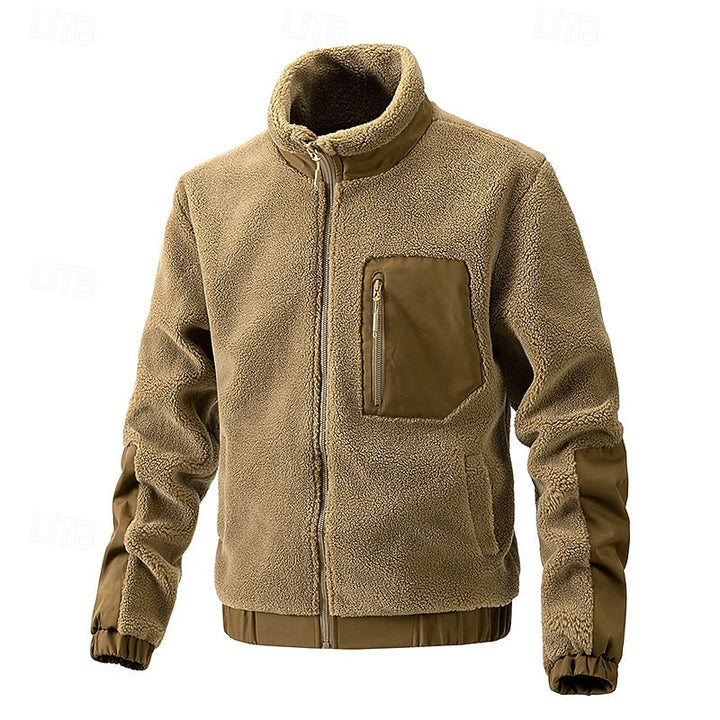 Men's Fleece Full-Zip Sherpa Jacket with Zip Pocket – Casual Warmth Dark Khaki