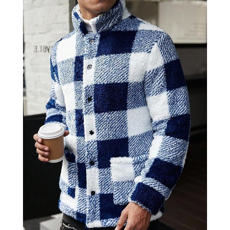 Men's Plaid Fleece Jacket with Stand Collar - Casual Winter Coat