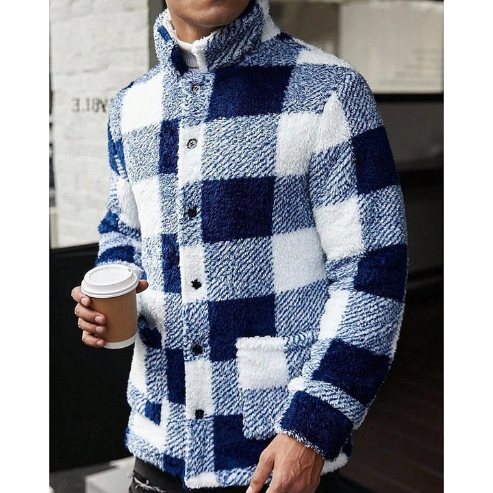 Men's Plaid Fleece Jacket with Stand Collar - Casual Winter Coat