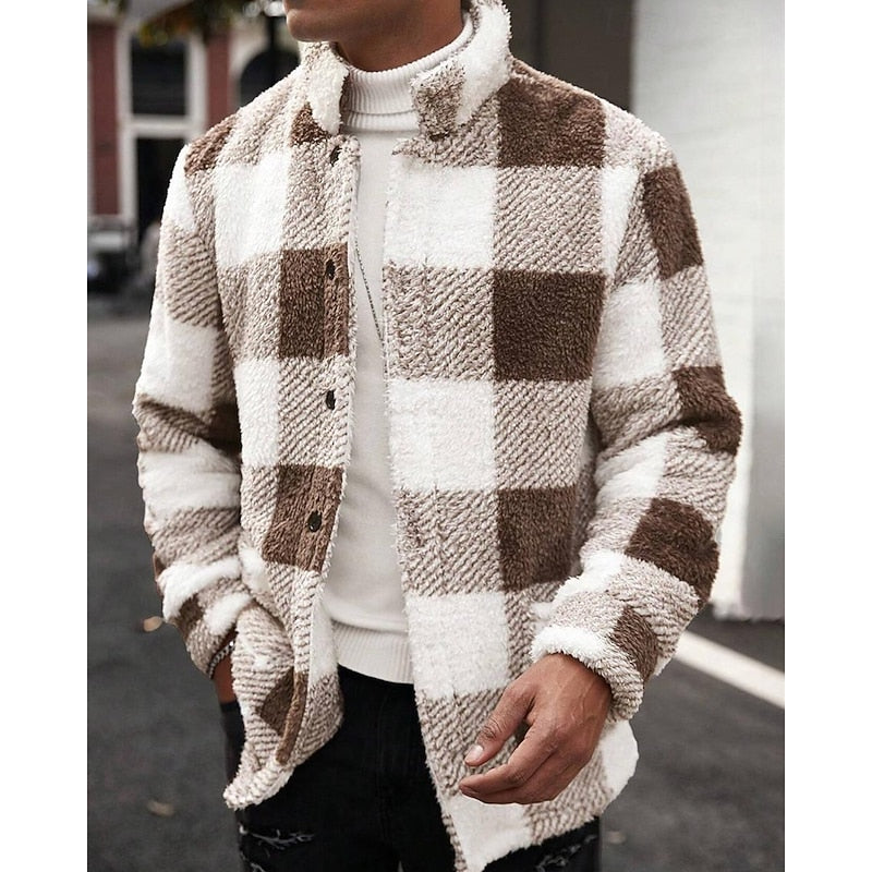 Men's Plaid Fleece Jacket with Stand Collar - Casual Winter Coat