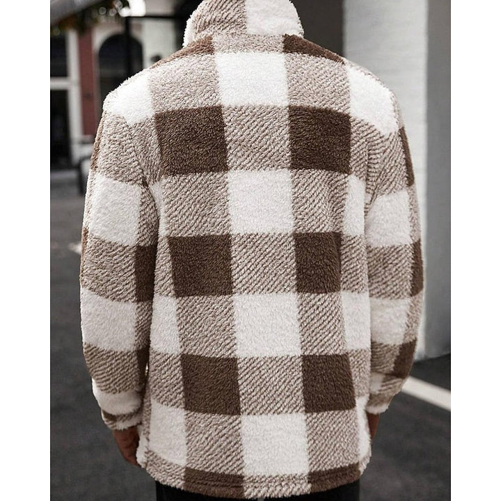 Men's Plaid Fleece Jacket with Stand Collar - Casual Winter Coat