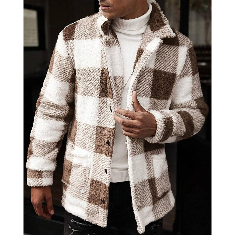 Men's Plaid Fleece Jacket with Stand Collar - Casual Winter Coat