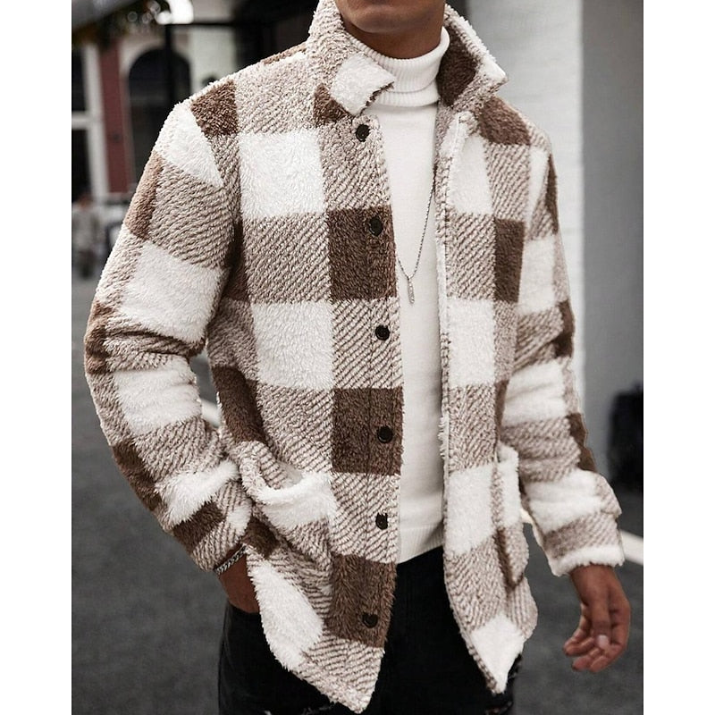 Men's Plaid Fleece Jacket with Stand Collar - Casual Winter Coat