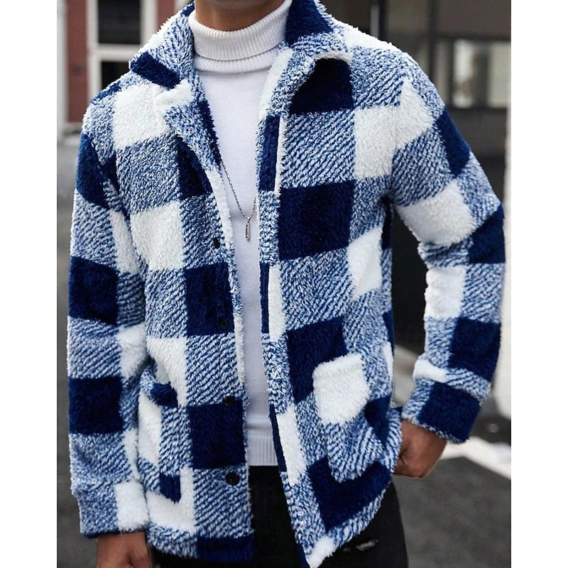 Men's Plaid Fleece Jacket with Stand Collar - Casual Winter Coat Blue