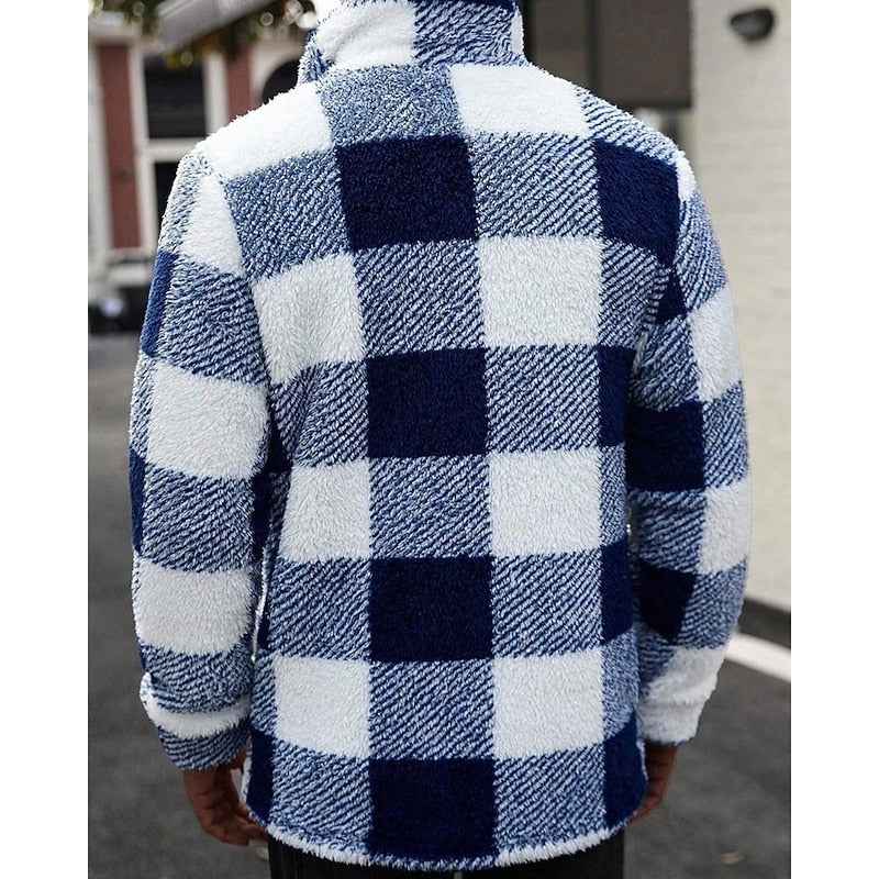 Men's Plaid Fleece Jacket with Stand Collar - Casual Winter Coat
