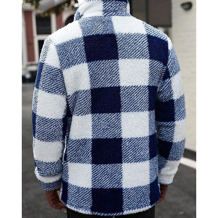 Men's Plaid Fleece Jacket with Stand Collar - Casual Winter Coat