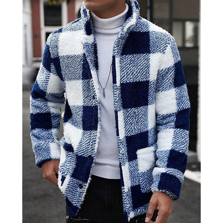 Men's Plaid Fleece Jacket with Stand Collar - Casual Winter Coat