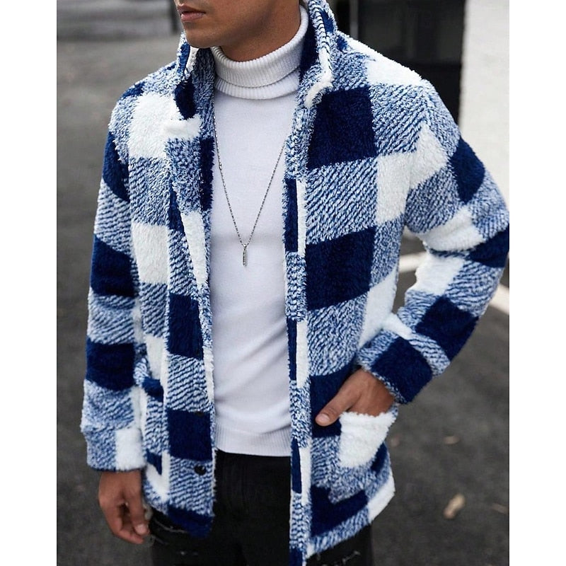 Men's Plaid Fleece Jacket with Stand Collar - Casual Winter Coat