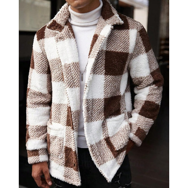 Men's Plaid Fleece Jacket with Stand Collar - Casual Winter Coat Khaki
