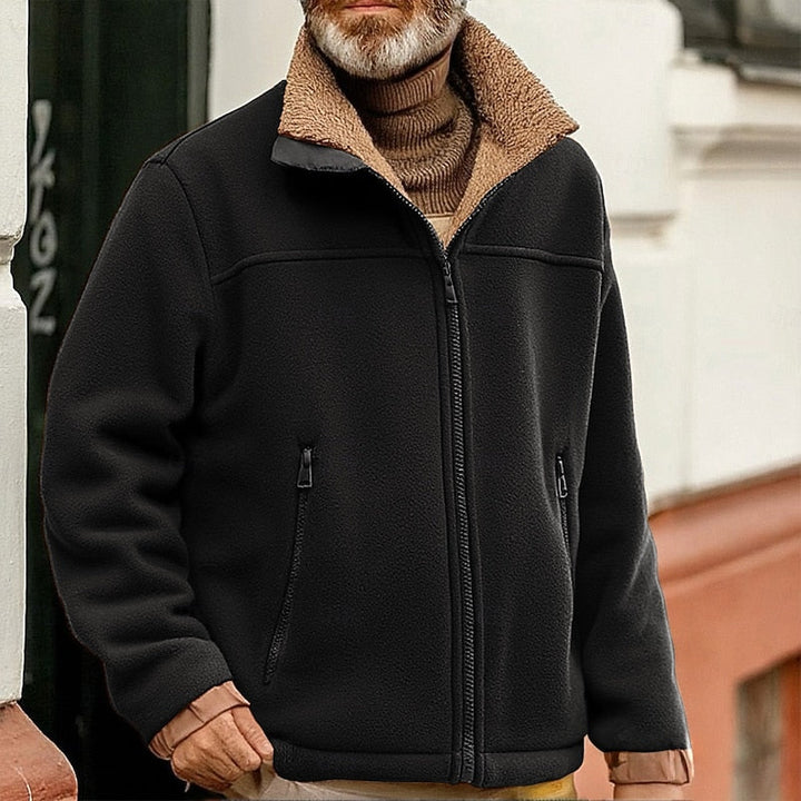 Men's Fleece Jacket with Sherpa Collar – Casual Winter Outerwear Black