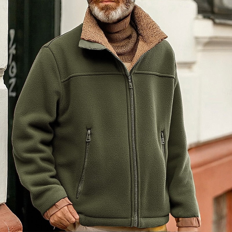 Men's Fleece Jacket with Sherpa Collar – Casual Winter Outerwear Green