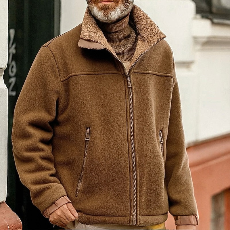 Men's Fleece Jacket with Sherpa Collar – Casual Winter Outerwear Brown