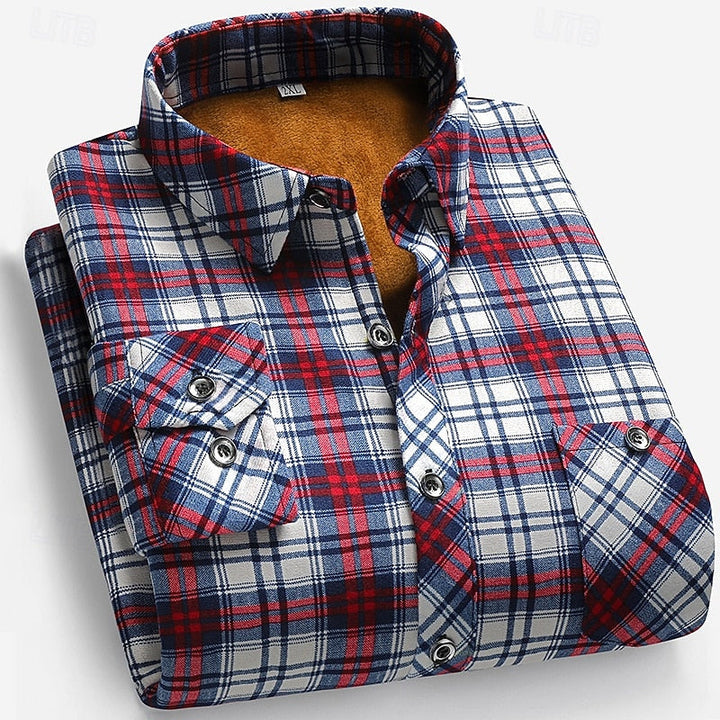 Men's Fleece-Lined Plaid Flannel Long Sleeve Button-Up Shirt Red