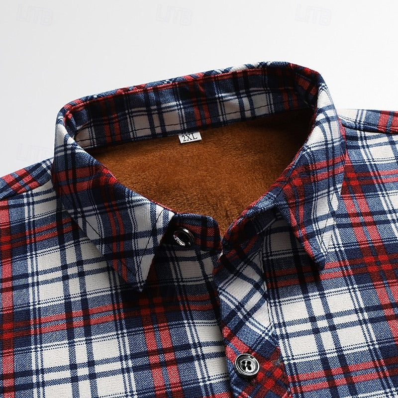 Men's Fleece-Lined Plaid Flannel Long Sleeve Button-Up Shirt
