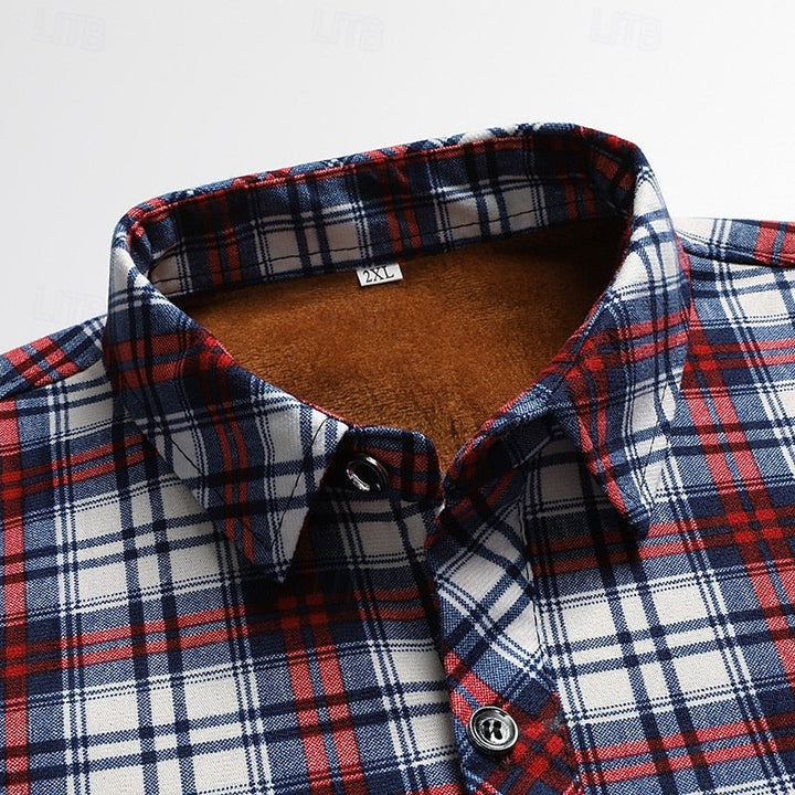 Men's Fleece-Lined Plaid Flannel Long Sleeve Button-Up Shirt
