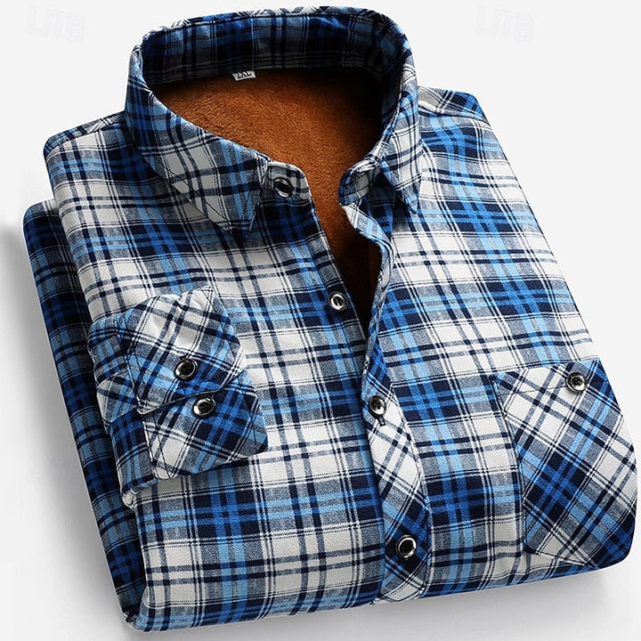 Men's Fleece-Lined Plaid Flannel Long Sleeve Button-Up Shirt Blue