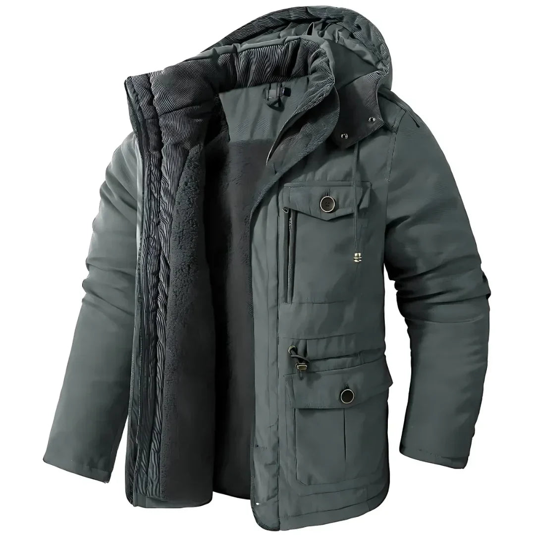 Men's Fleece Lined Hooded Parka Winter Jacket - Casual Multi-Pocket Gray