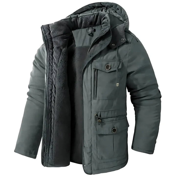 Men's Fleece Lined Hooded Parka Winter Jacket - Casual Multi-Pocket Gray
