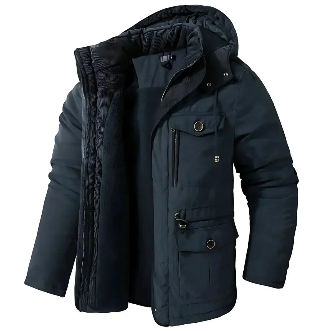 Men's Fleece Lined Hooded Parka Winter Jacket - Casual Multi-Pocket Blue