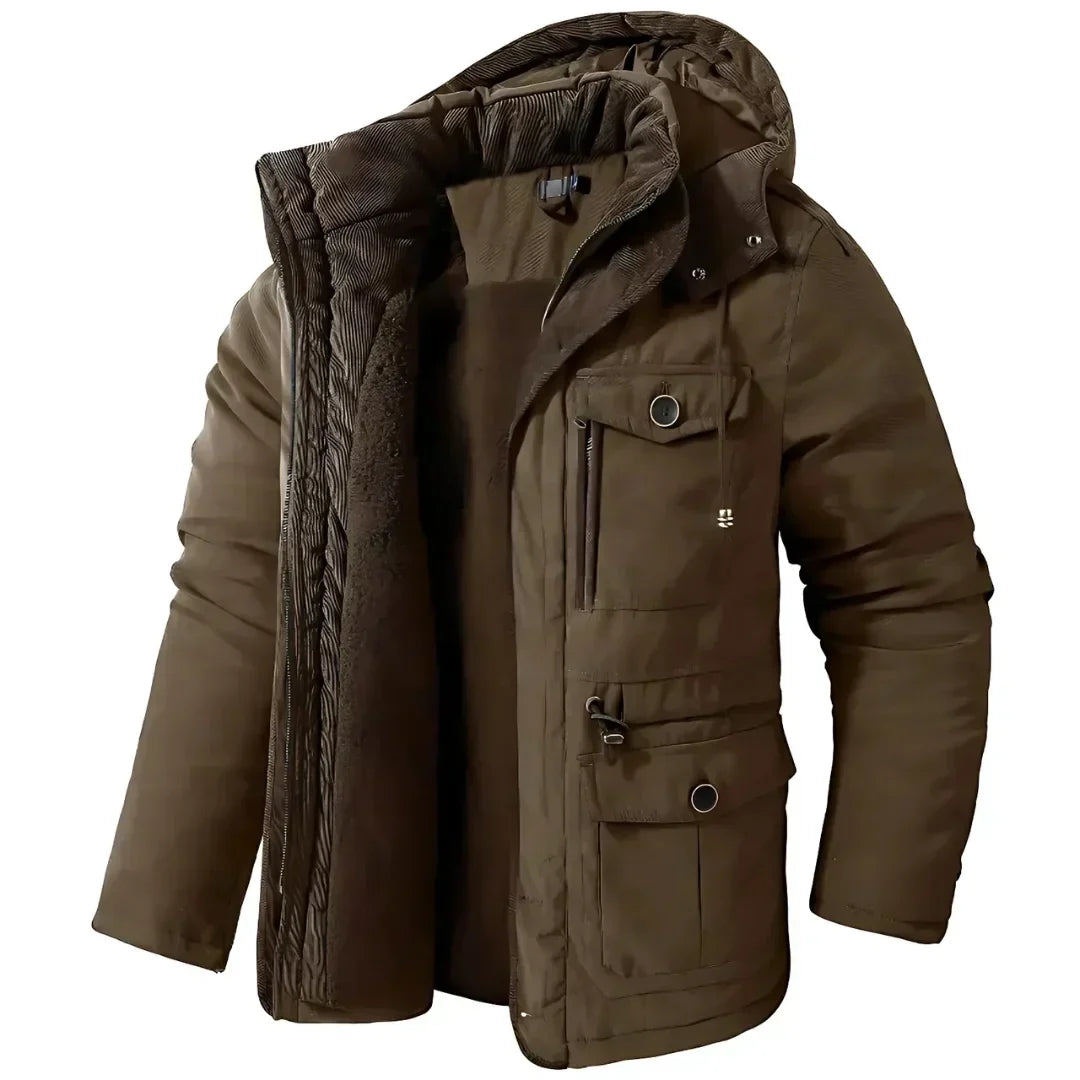 Men's Fleece Lined Hooded Parka Winter Jacket - Casual Multi-Pocket Brown