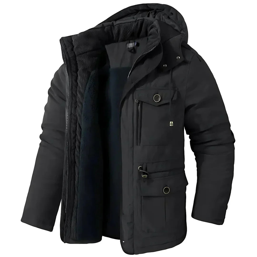 Men's Fleece Lined Hooded Parka Winter Jacket - Casual Multi-Pocket Black