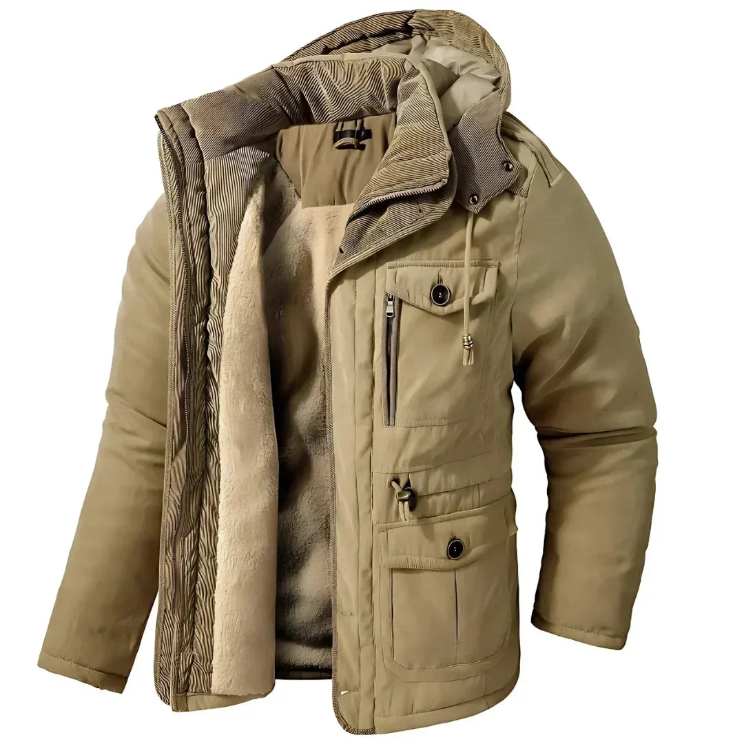 Men's Fleece Lined Hooded Parka Winter Jacket - Casual Multi-Pocket Khaki