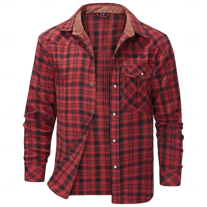 Men's Fleece-Lined Plaid Flannel Shirt Jacket - Red Long Sleeve Overshirt