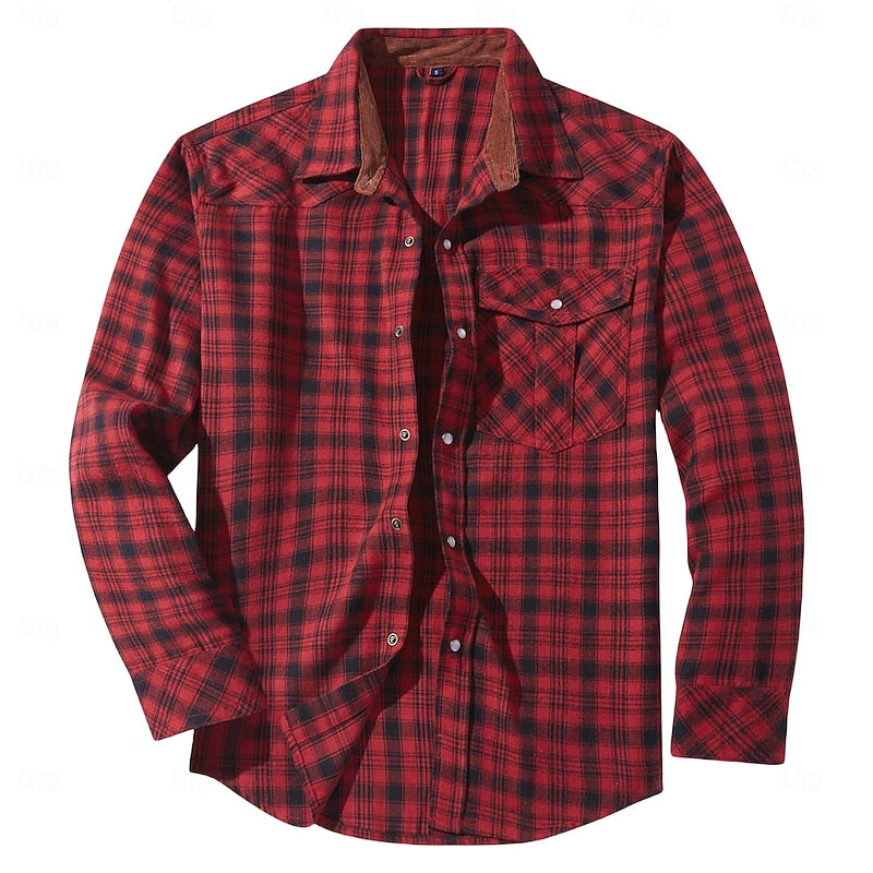 Men's Fleece-Lined Plaid Flannel Shirt Jacket - Red Long Sleeve Overshirt