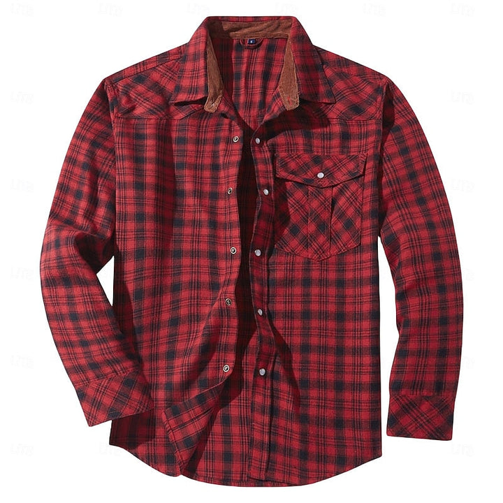 Men's Fleece-Lined Plaid Flannel Shirt Jacket - Red Long Sleeve Overshirt