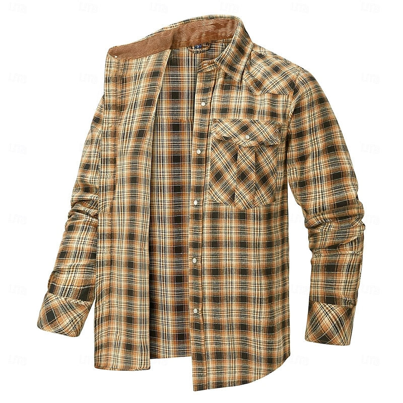 Men's Fleece-Lined Plaid Flannel Shirt Jacket - Red Long Sleeve Overshirt