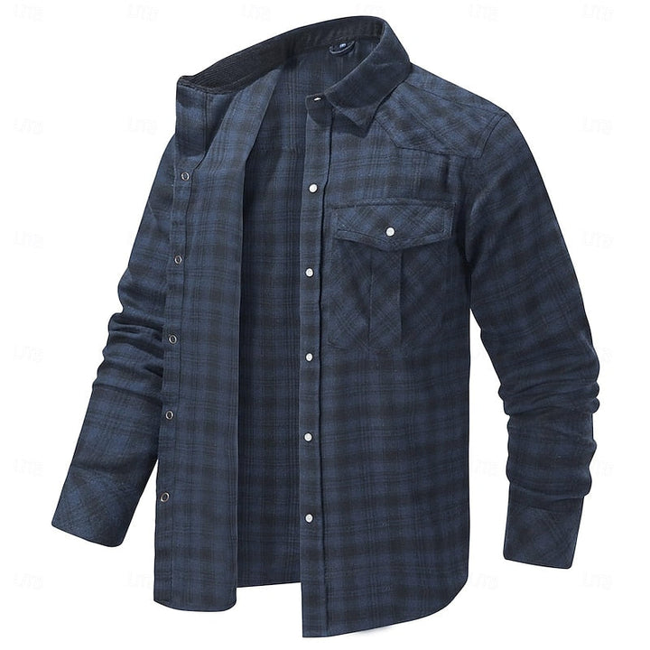 Men's Fleece-Lined Plaid Flannel Shirt Jacket - Red Long Sleeve Overshirt