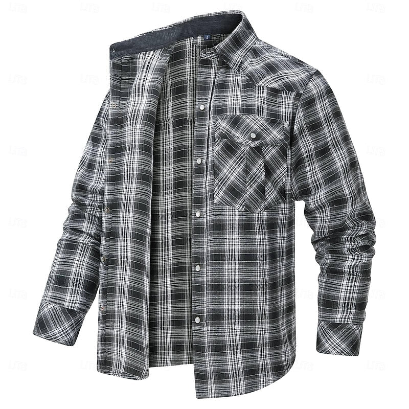Men's Fleece-Lined Plaid Flannel Shirt Jacket - Red Long Sleeve Overshirt