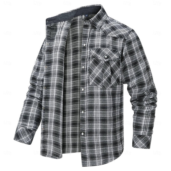 Men's Fleece-Lined Plaid Flannel Shirt Jacket - Red Long Sleeve Overshirt