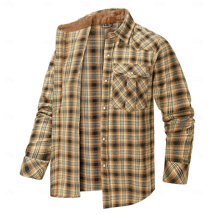 Men's Fleece-Lined Plaid Flannel Shirt Jacket - Red Long Sleeve Overshirt Khaki