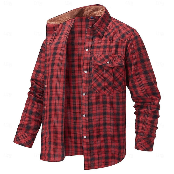 Men's Fleece-Lined Plaid Flannel Shirt Jacket - Red Long Sleeve Overshirt
