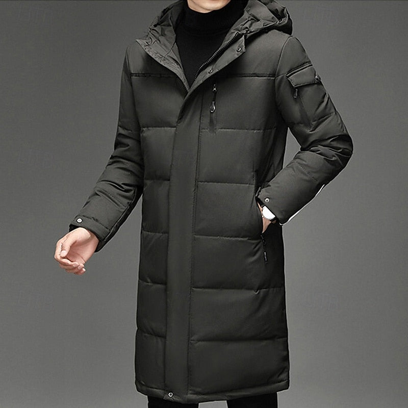 Men's Hooded Long Puffer Coat Winter Parka Zip-Up Jacket for Cold Weather