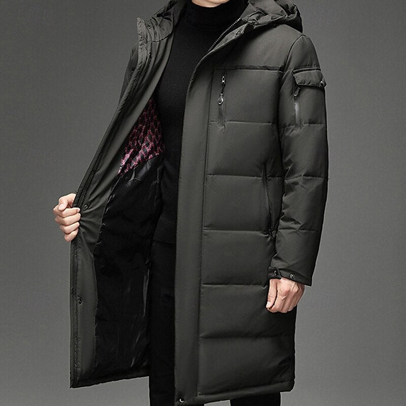 Men's Hooded Long Puffer Coat Winter Parka Zip-Up Jacket for Cold Weather