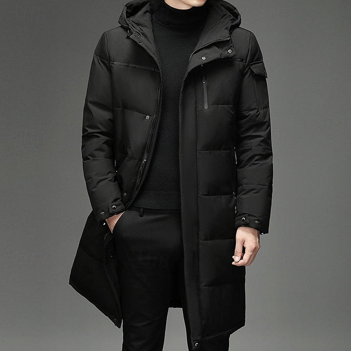 Men's Hooded Long Puffer Coat Winter Parka Zip-Up Jacket for Cold Weather Black