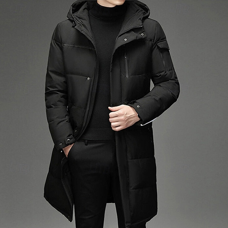 Men's Hooded Long Puffer Coat Winter Parka Zip-Up Jacket for Cold Weather