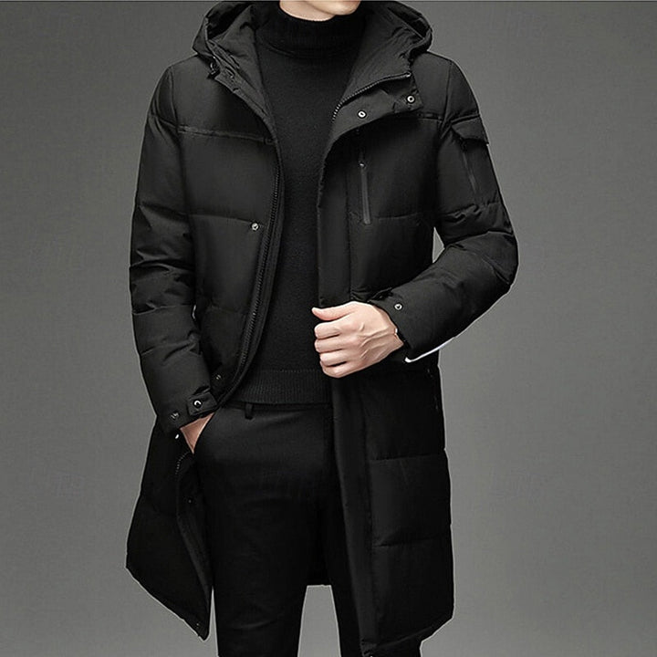Men's Hooded Long Puffer Coat Winter Parka Zip-Up Jacket for Cold Weather