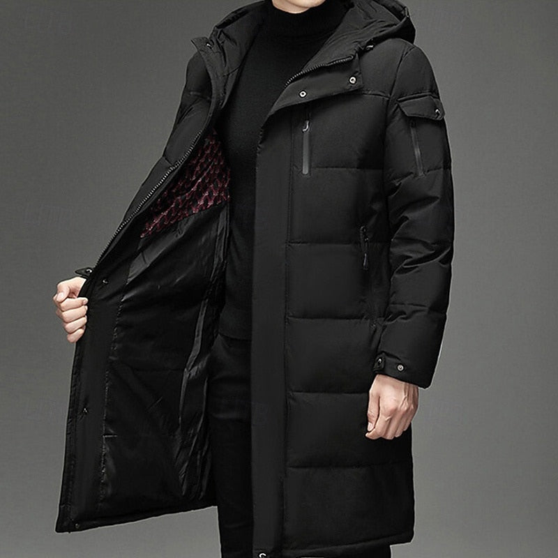 Men's Hooded Long Puffer Coat Winter Parka Zip-Up Jacket for Cold Weather