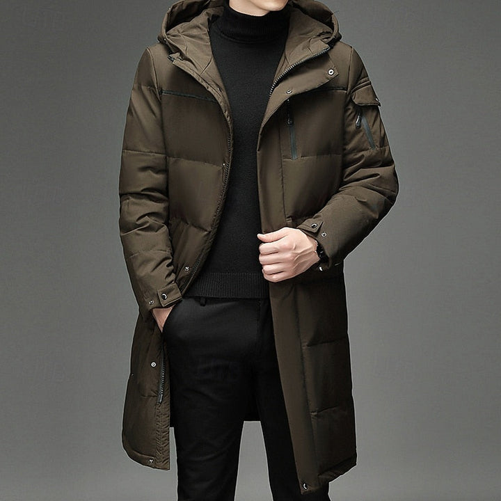 Men's Hooded Long Puffer Coat Winter Parka Zip-Up Jacket for Cold Weather Brown