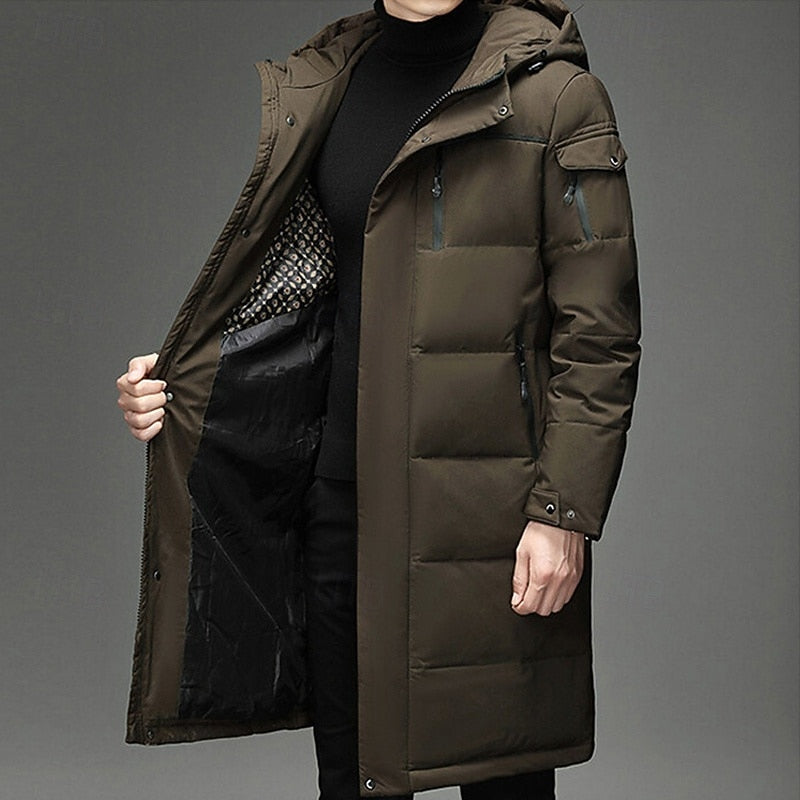 Men's Hooded Long Puffer Coat Winter Parka Zip-Up Jacket for Cold Weather