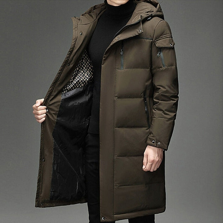 Men's Hooded Long Puffer Coat Winter Parka Zip-Up Jacket for Cold Weather