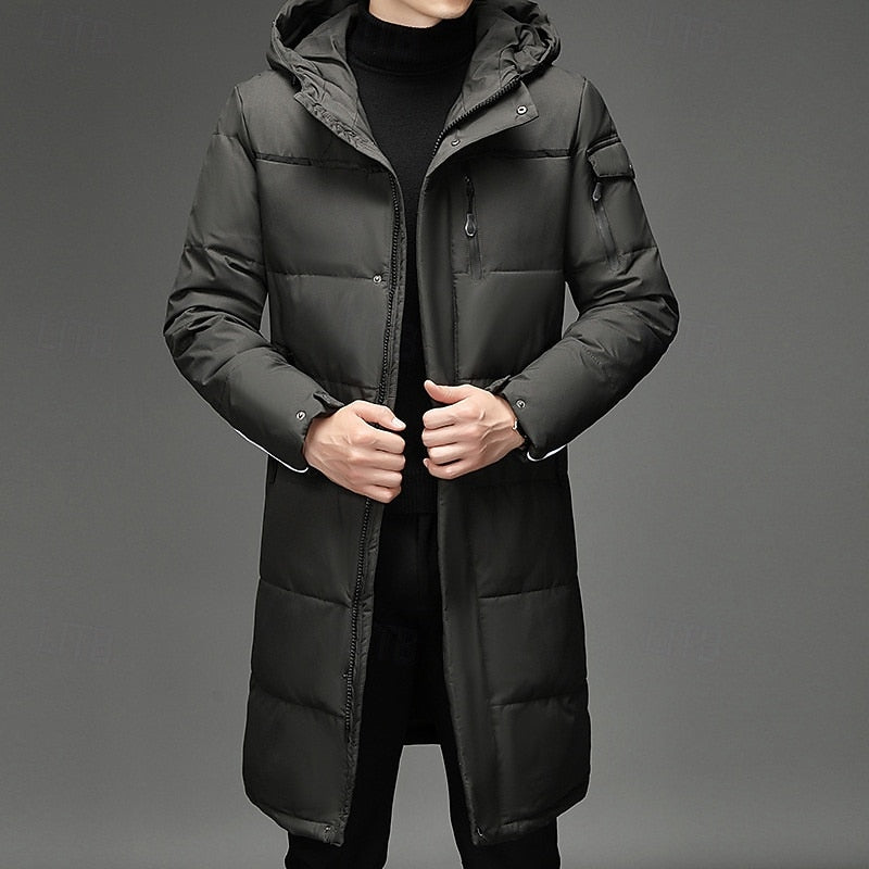Men's Hooded Long Puffer Coat Winter Parka Zip-Up Jacket for Cold Weather Gray