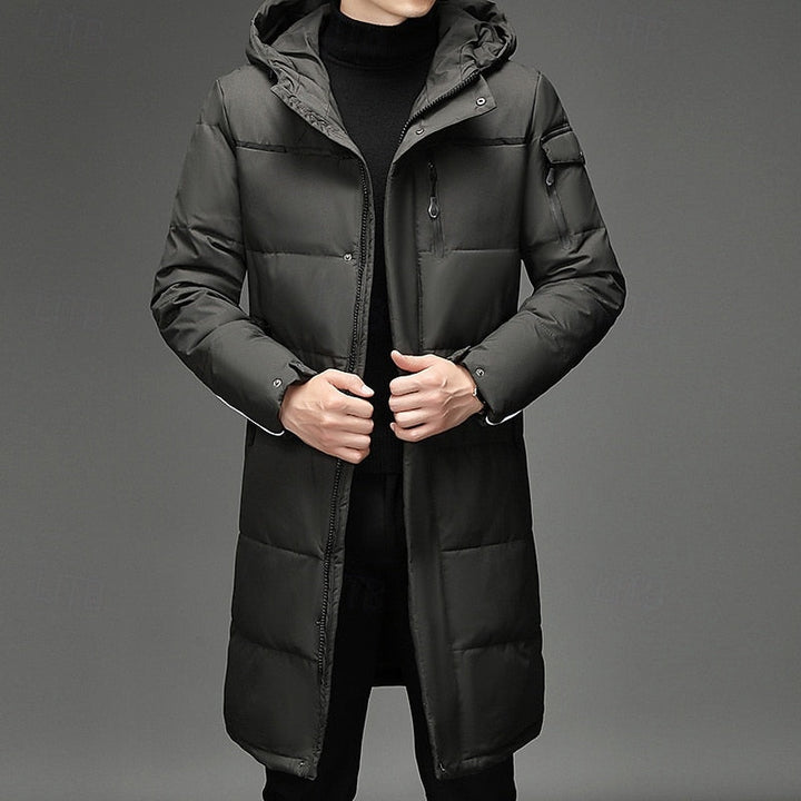 Men's Hooded Long Puffer Coat Winter Parka Zip-Up Jacket for Cold Weather Gray